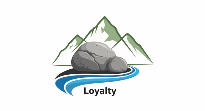 A symbolic logo of a large gray rock on flowing blue water with mountains behind