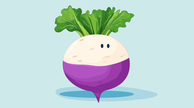 Chubby beet with green leaves, cream top, purple bottom, tiny eyes, playful. Fun