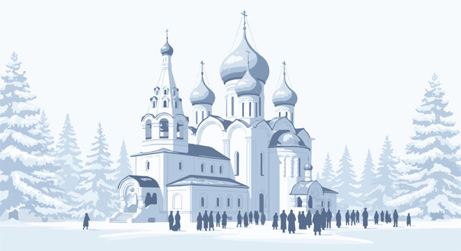 Monochromatic pixel art depicts a grand, multi-domed church and snow-laden evergreen trees in winter