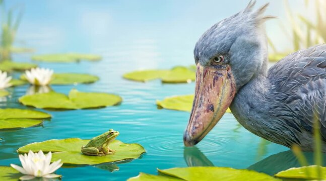 Funny Ugly Animals Shoebill Bird Near Lily Pond With Odd Stare And Big Beak