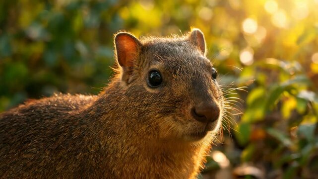 Agouti southern Mexico forset close up at golden light