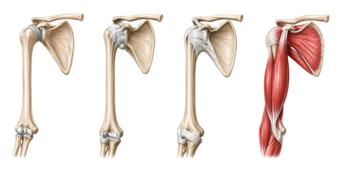 Human shoulder anatomy layers with muscular and skeletal systems