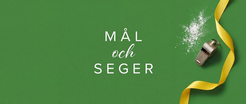 Sports victory background yellow ribbon and vintage coach whistle on green backdrop with Swedish text mal och seger symbolizing championship goals, achievement, success training and motivational aims.