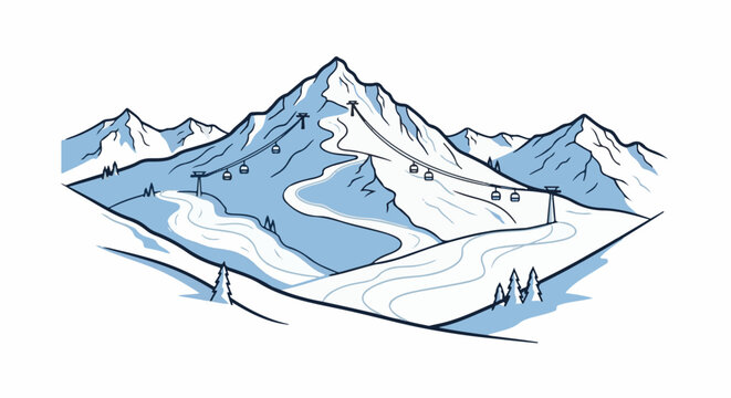 Stylized illustration of snowy mountains with ski slopes and cable cars
