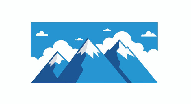 Stylized blue mountains with snow-capped peaks under a bright blue sky