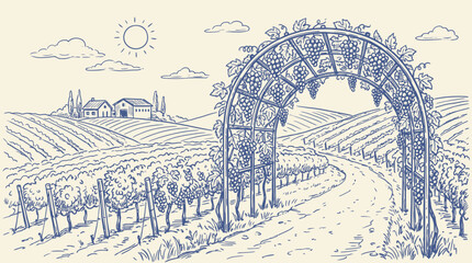 Fototapeta premium Artistic Vineyard Landscape Sketch Featuring Traditional Grape Arch and Scenic Winery Vista in Hand-Drawn Vector Illustration Style Capturing Rustic Rural Viticulture Charm