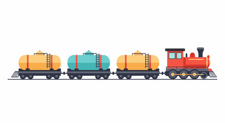 Fototapeta premium Red engine pulls a train with yellow and blue tanks on white background