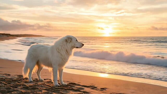 Akbash on beach coast at golden light