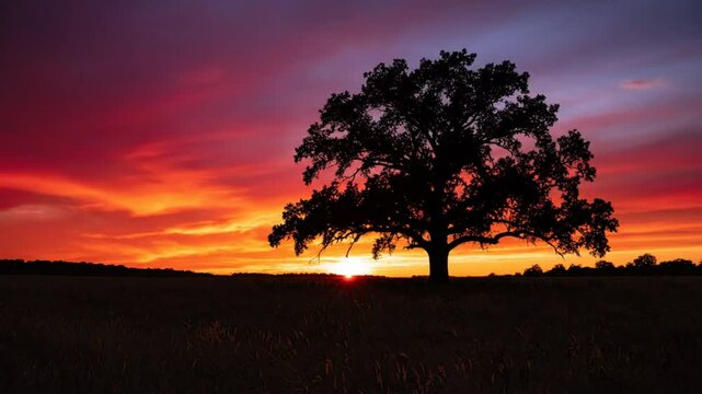 Stunning timelapse of a large oak tree silhouetted against a vibrant sunset sky creating a peaceful atmosphere