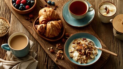 Fototapeta premium A variety of elegant breakfast foods are displayed on a wooden table, showing warm croissants, yogurt, fruits, and drinks during morning time