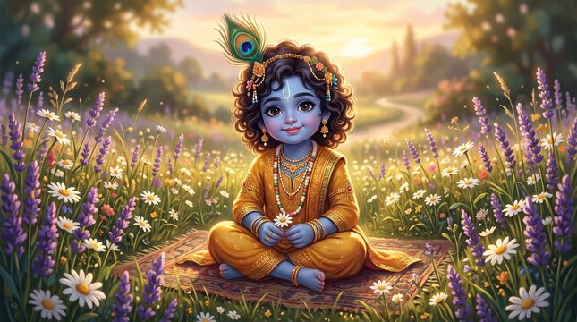 Cute Little Krishna Sitting in a Flower Field with Peacock Feather, Cute Baby Krishna Vector Illustration for Janmashtami