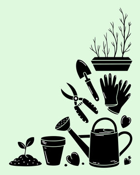 Flat vector tall poster layout with gardening gloves, seeds, fertilizer for plant care print promotional