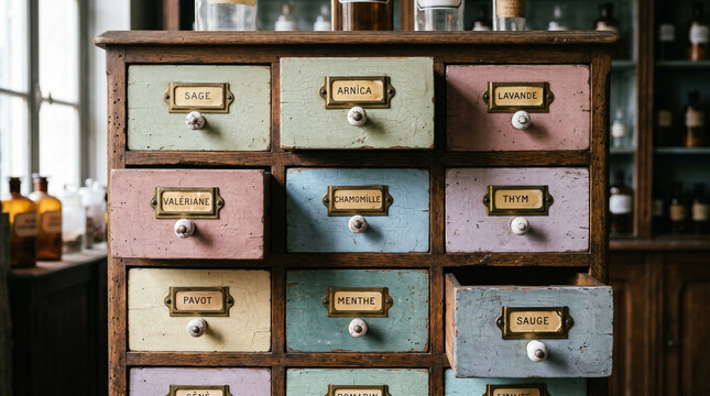 Vintage wooden cabinet with pastel colored drawers labeled with herbs and botanicals in a pharmacy setting