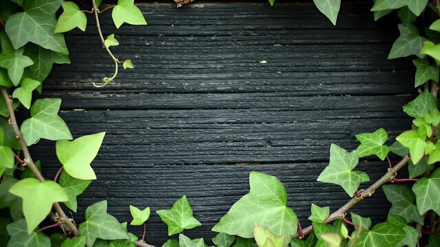 Dark Weathered Wooden Planks Framed by Vibrant Green Ivy Edges and Vines