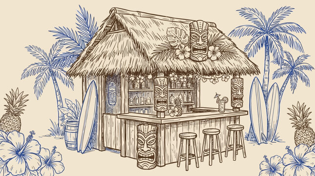 Hand-drawn artistic sketch of a tropical tiki bar shack featuring a traditional thatched straw roof, exotic wooden structure, and island beach vibes in a detailed black and white vector design.