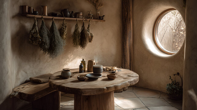 Cozy off-grid eco home interior with natural materials, warm light and sustainable design. Minimalist rustic style, self-sufficient living and eco-living atmosphere.