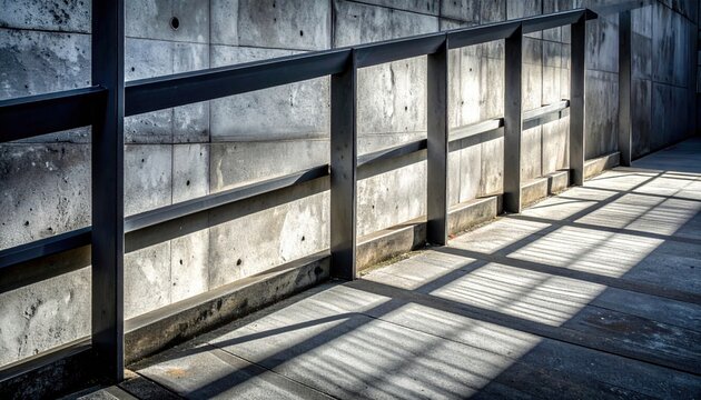 Dramatic shadows cast across a modern concrete walkway with a dark metal railing, highlighting architectural patterns and textures.