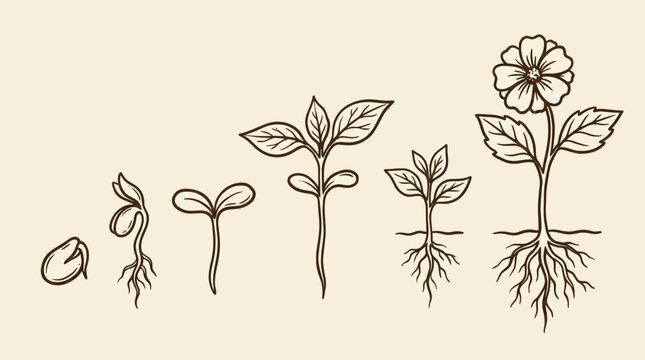 Detailed black outline sketch set of organic seedling growth stages, botanical plant development elements, minimalist hand-drawn vector illustration for ecology and gardening design.