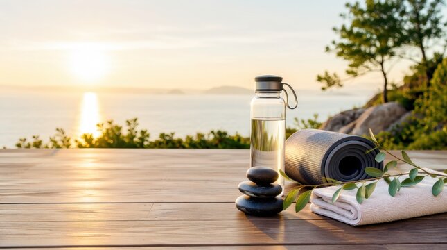 Yoga mat with water bottle and stones at sunset with copy space