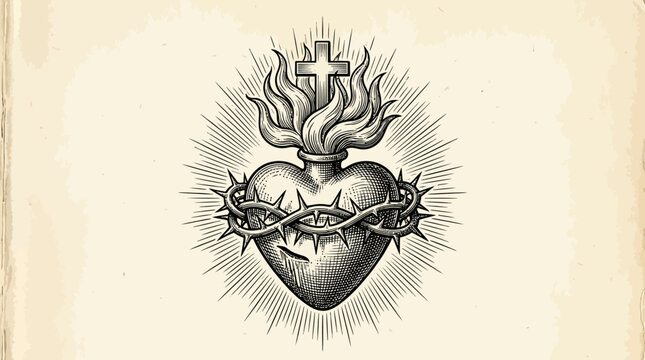 Vintage woodcut engraving of a sacred flaming heart surrounded by sharp thorns, a symbolic icon of religious devotion and divine love, rendered in a classic etched illustration style.