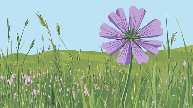 A sunny field with tall green grasses and big lavender flower against blue sky!!