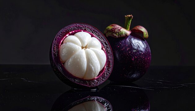 Exotic purple mangosteen fruit, one whole and one sliced open to reveal its white segments, presented elegantly for culinary appreciation.
