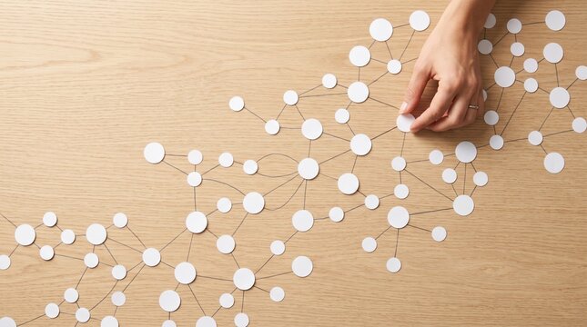 Connecting the dots a human hand carefully places a final piece into a complex network of interconnected circles on a wooden surface, symbolizing growth, innovation, and collaboration