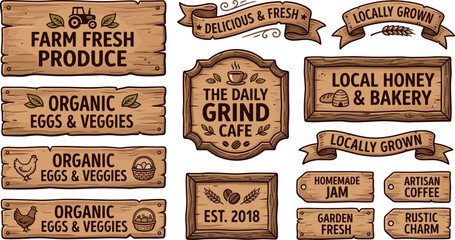  Rustic wooden sign collection with vintage hand drawn labels for farm fresh produce organic eggs café and local bakery © ISMOTARA