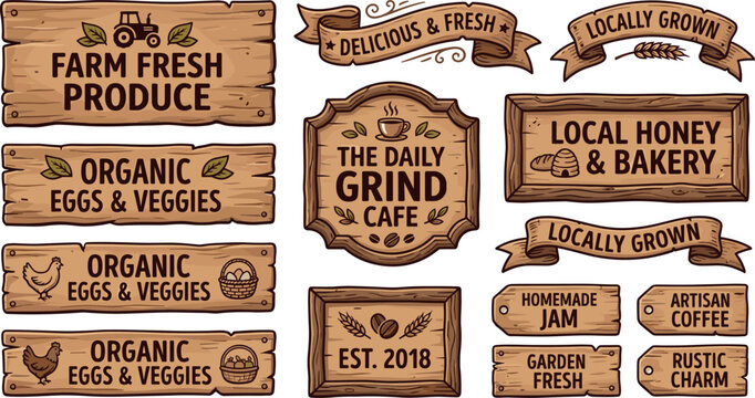  Rustic wooden sign collection with vintage hand drawn labels for farm fresh produce organic eggs caf&eacute; and local bakery