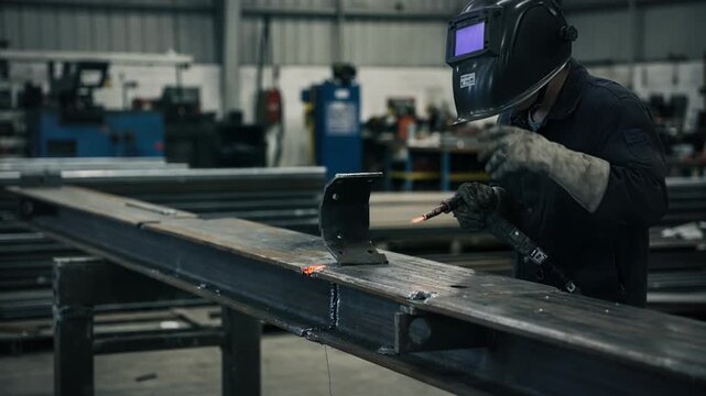 Medium shot of a skilled welder cutting a monobeam metal staircase stringer highlighting precise craftsmanship and bright sparks in an industrial workshop environment