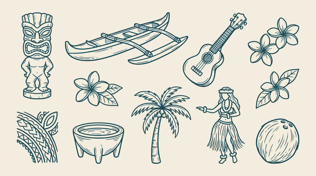 Polynesian Culture Doodle Icon Set Featuring Hand Drawn Vector Illustration Elements of Pacific Island Heritage Ethnic Tribal Symbols Tiki Mask Canoe Hibiscus Flower and Tropical Oceanic Art