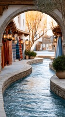 Fototapeta premium Historic market alley with stone pavement and archway