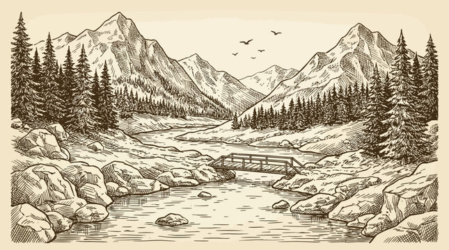 Vintage engraving vector illustration of a majestic mountain river landscape featuring woodcut pine trees and scenic alpine peaks in a classic retro style.