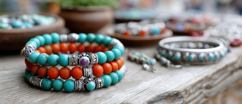 Turquoise beaded bracelets arranged on wooden surface, artisan jewelry collection, bohemian fashion accessories, handmade craftsmanship, decorative style.