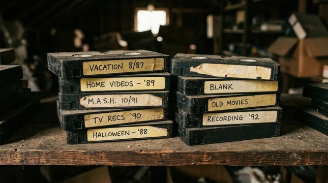 Stack of dusty vintage VHS tapes with handwritten labels on a wooden shelf in a dark attic