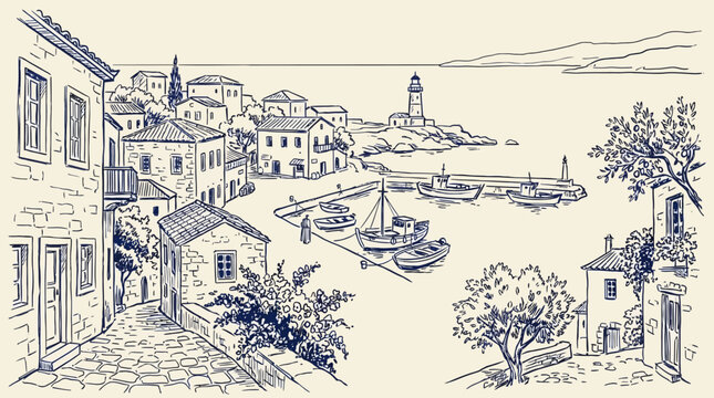 Artistic ink sketch vector illustration of a scenic Mediterranean coastal village with rustic stone houses, winding streets, and a serene seaside harbor landscape in minimalist style.