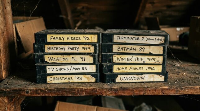 Stack of vintage VHS tapes with handwritten labels on a dusty wooden shelf in a dark attic