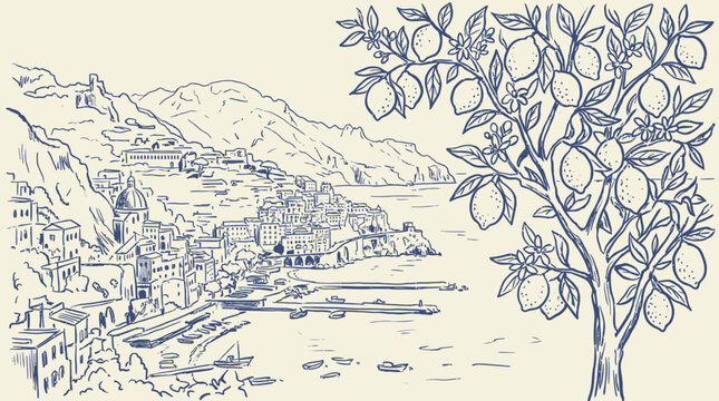 Artistic sketch of a lush lemon tree overlooking a scenic coastal town in Amalfi or Sicily with mediterranean architecture and blue sea vector illustration