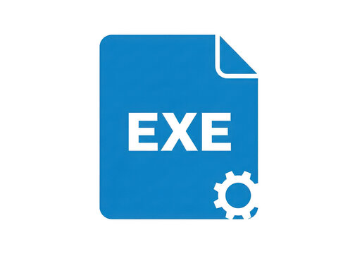 Blue computer file representing an executable program with a gear symbol indicating software settings and technical application development isolated on a transparent background