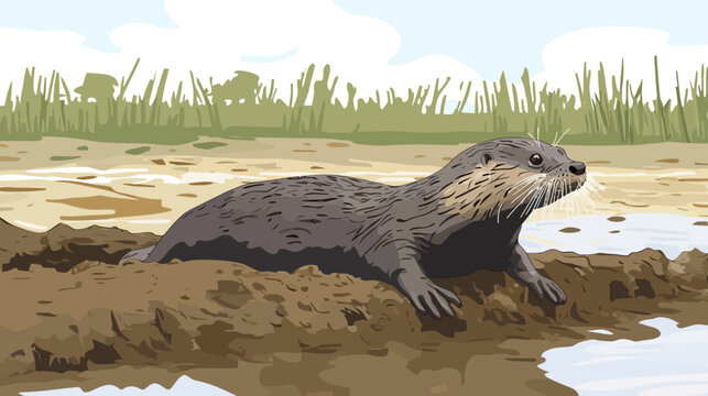 Otter resting on muddy bank by shallow water under a blue sky with light clouds