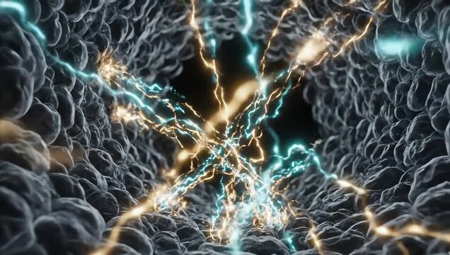 Inside the human retina, glowing light signals traveling across transparent photoreceptor cells