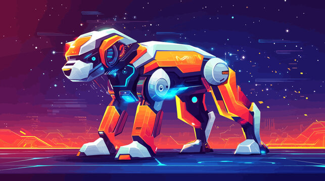 Vibrant neon mech-lion strides across a glowing horizon under a starry space sky