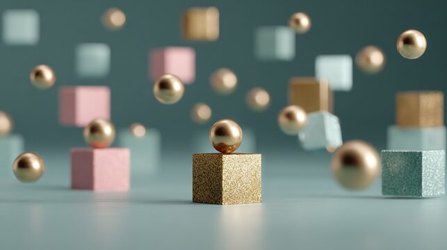 Three dimensional geometric shapes featuring golden spheres balanced on pastel cubes float in mid air