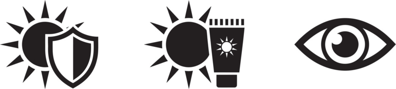 Black sun protection icons set featuring UV shield, sunscreen tube, and human eye symbol, ideal for summer safety and healthcare concepts, clean monochrome vector collection representing skin care,
