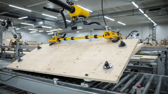 Medium shot of a vacuum lifter smoothly gripping and flipping large CLT panels with precision in an advanced automated assembly line