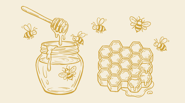Minimalist hand-drawn doodle of a honey jar surrounded by buzzing bees and organic honeycomb shapes in a continuous line art style, clean vector illustration for natural sweet organic food