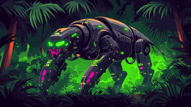 An armored quadruped robot stalks neon jungle with glowing eyes watching unseen