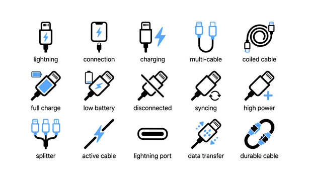 Charging and cable icons showing connection and power symbols on white