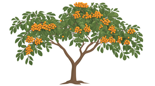 A lush tree with dense green leaves and orange berries on brown branches, vivid!