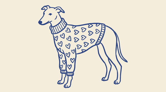 Adorable Italian Greyhound Dog Wearing Cozy Winter Sweater Patterned with Love Hearts in a Minimalist Naive Sketch Handdrawn Vector Illustration Art Style Isolated on White Background